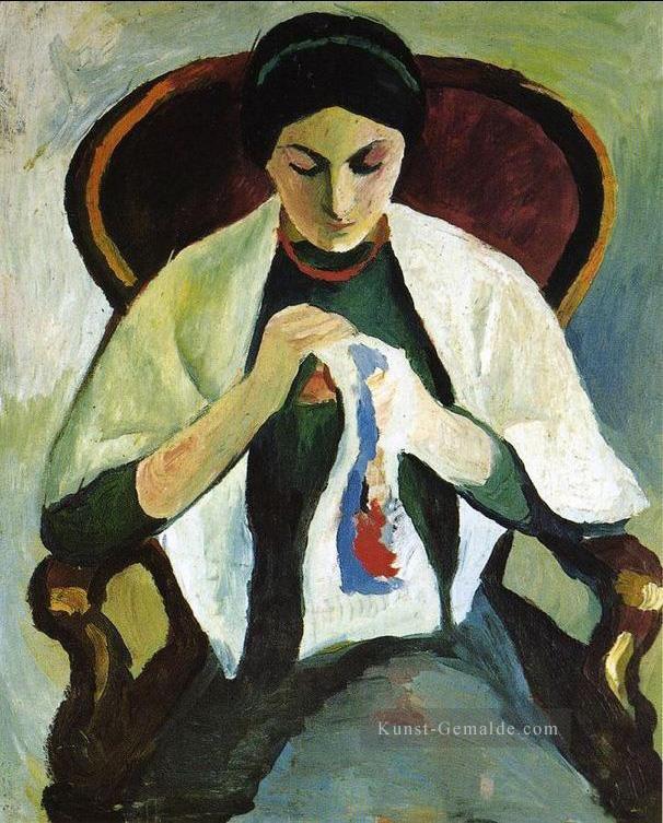 Stickerin in einem Sessel Porträt der Künstler Ehefrau expressionistischen Ölgemälde